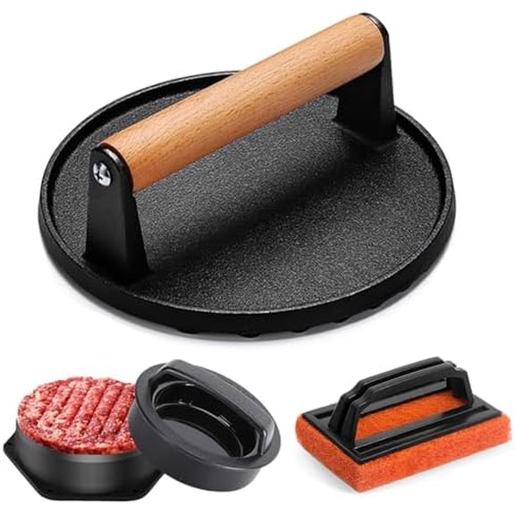 Smash Burger Press kit, Heavy-Duty Cast Iron Round Grill Bacon Press with Wood Handle, 3 in 1 Hamburger Press Patty Maker Tools, Cleaning Pad Set for Blackstone Griddle Flat Top Cooking