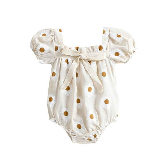 Seyurigaoka Baby Romper, Daisy Print Square Neck Short Sleeve Bodysuit Streetwear Casual Wear for Summer, 0-18 Months
