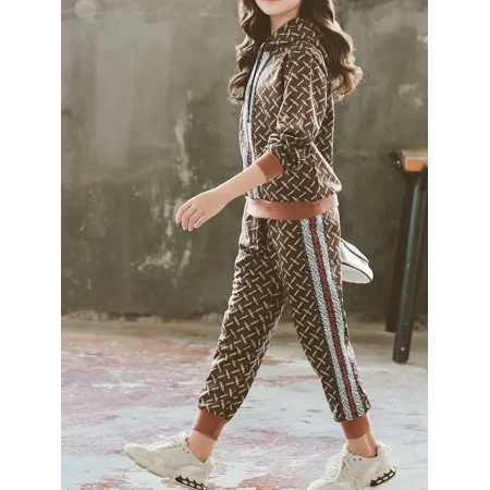

GEDER-F1 Girls Geometric Pattern Casual Hoodies & Matching Sweatpants Fall Winter Outfits