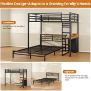 Twin Over Full Bunk Bed with Led Lights and 4 Drawers,L-shaped Bunk Bed with Desk,Metal Bunk Beds with Storage Headboard and Charging Station,Loft Bed with Safety Guardrail and Ladder,Black