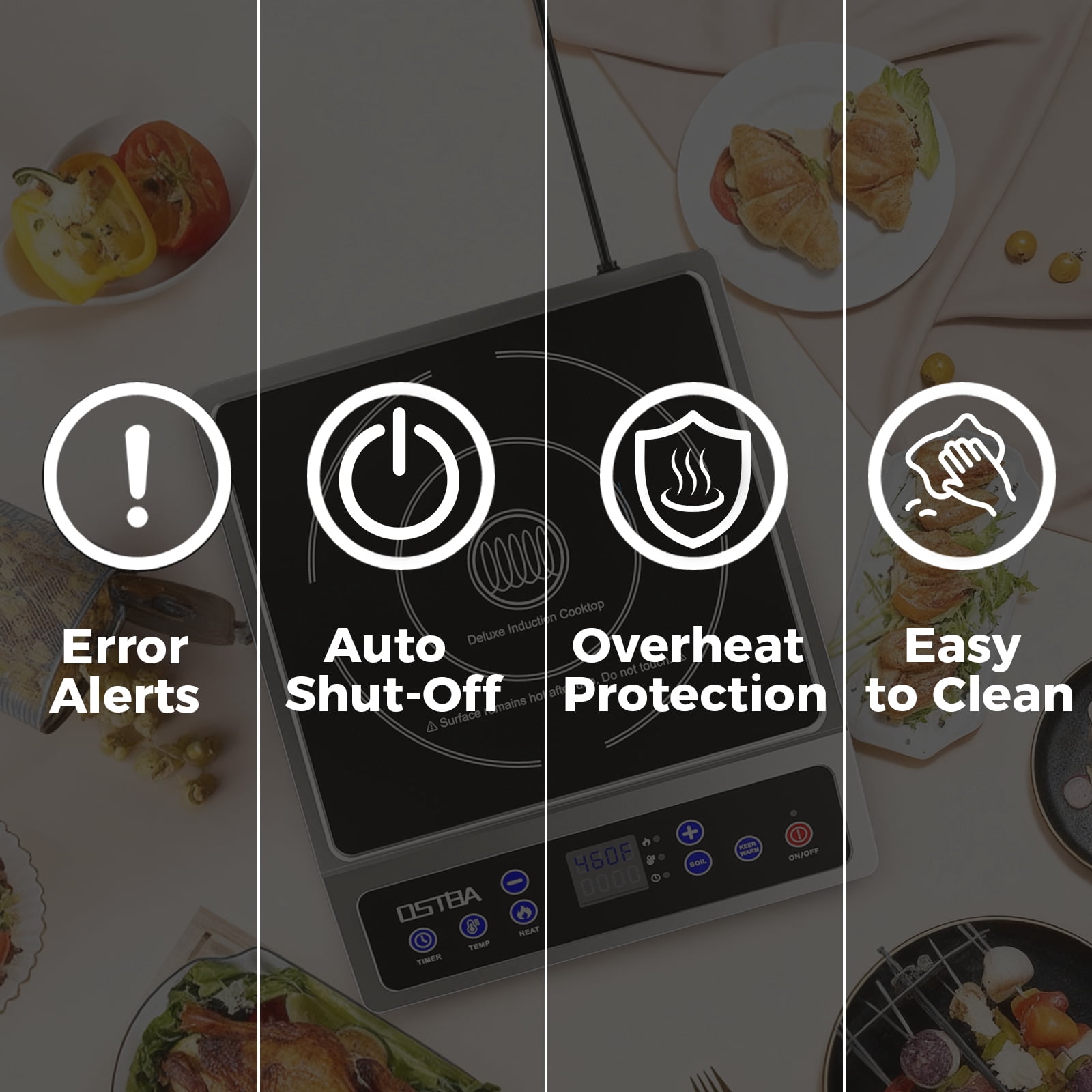 OSTBA 1800W Stainless Steel Induction Cooktop , Professional Commercial Countertop Induction Burner with 10″ Heating Coil, 10 Power Levels, 120–460°F Temp Control, 3-Hour Timer & Keep Warm