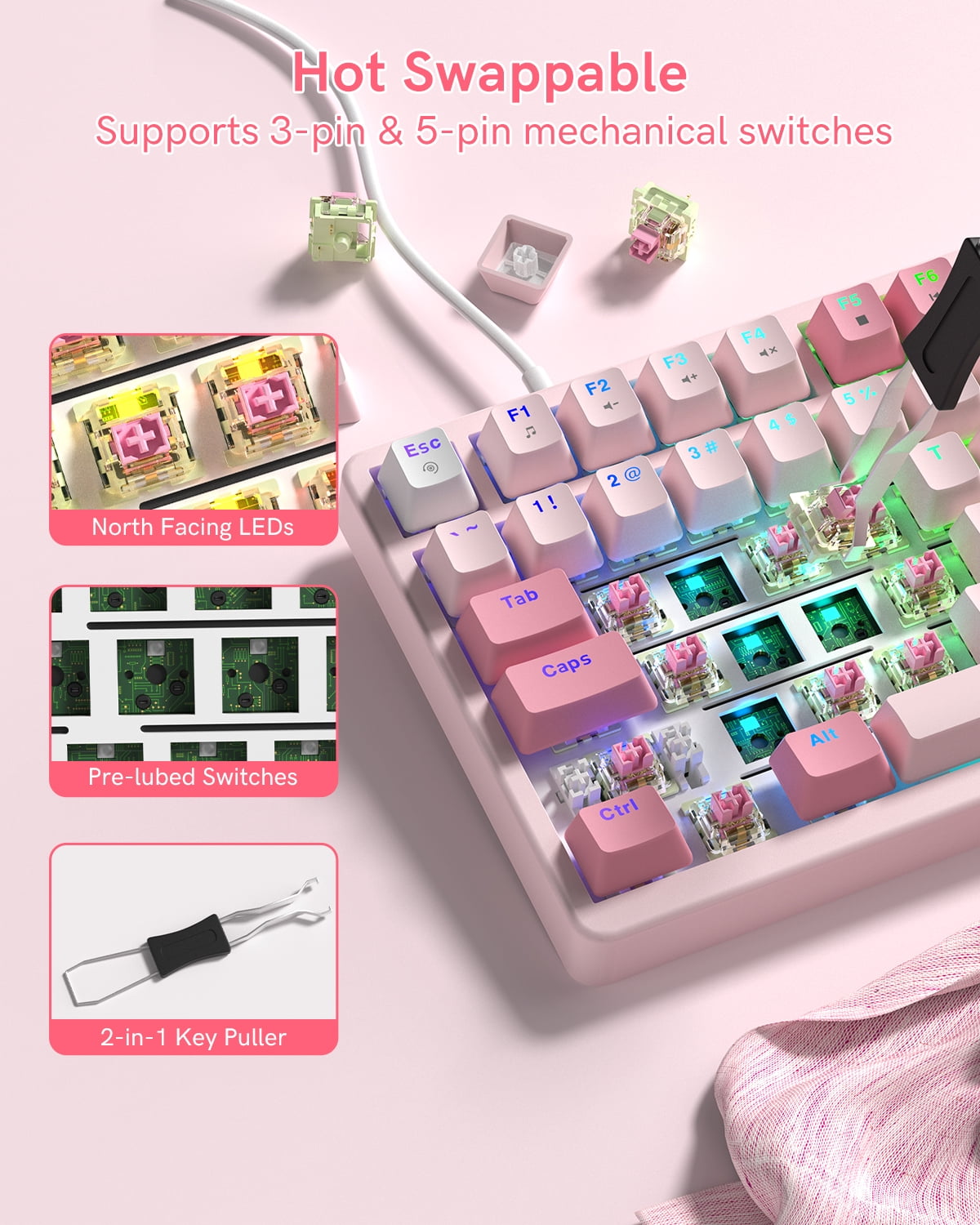 COSTOM VK75 Wired Mechanical Keyboard with Multi-Function Knob, 75% Gaming Keyboard Gasket Mounted, Hot Swappable, Creamy Sound, Cherry Profile, PBT Keycaps, Pink