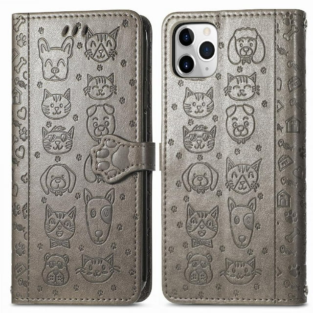 Funda Cartera FOXDOCK para iPhone 11 ProMax , Flip PU con Relieve de Gatos y Perros, Tarjetero y Soporte