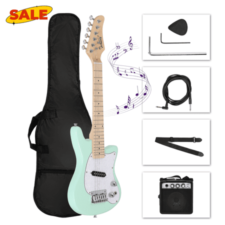 Hassch 30 inch Electric Guitar with 5W Amplifier and Gig Bag, Starter Kit with Shoulder Strap, Power Wire, Wrench Tool and Plectrum for Beginners, Light Green