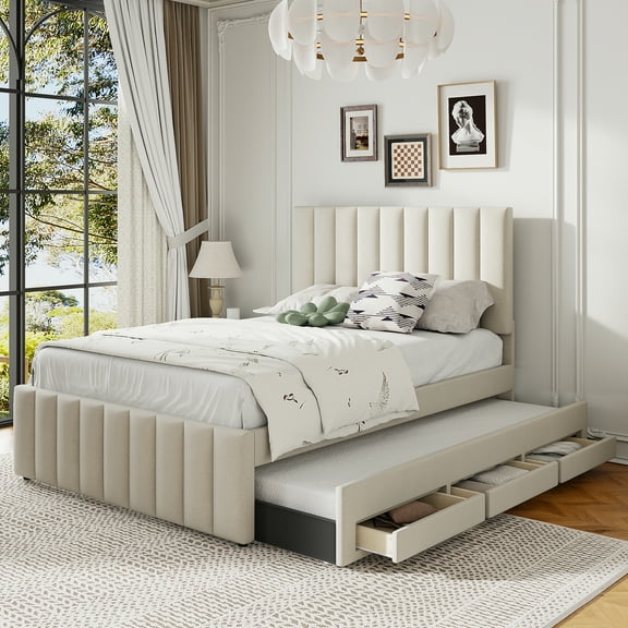 Full Size Upholstered Platform Bed with Twin Size Trundle and 3 Drawers, Linen Fabric, Beige
