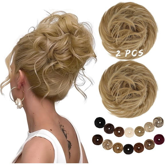 2PCS Messy Bun Hair Piece Large Wavy Scrunchies Synthetic Chignon Ponytail Hair Extensions Thick Updo Hairpieces for Women 1.76oz each