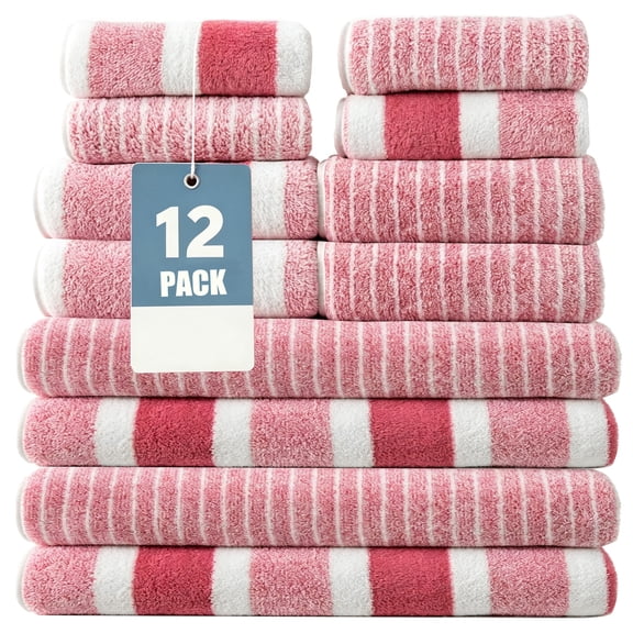Bath Towel Set of 12 Piece,AILKIN Soft Cozy Washing Bathing Towels Plush,Including 4 Washcloths Face Towels,4 Hand Towels for Bathroom,4 Bath Towels Set,White Pink
