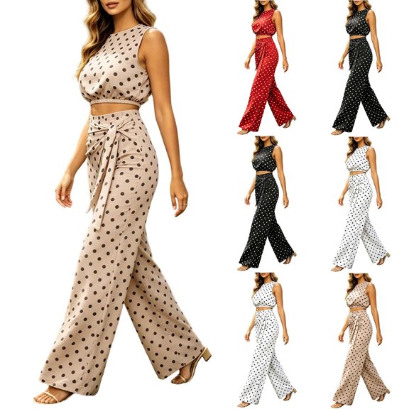 Women 2 Piece Summer Polka Dot Matching Outfit Set, Sleeveless Crop Top Tie Waist High Rise Wide Leg Pants Slim Fit Casual Vacation Tracksuit Khaki XL(XL)