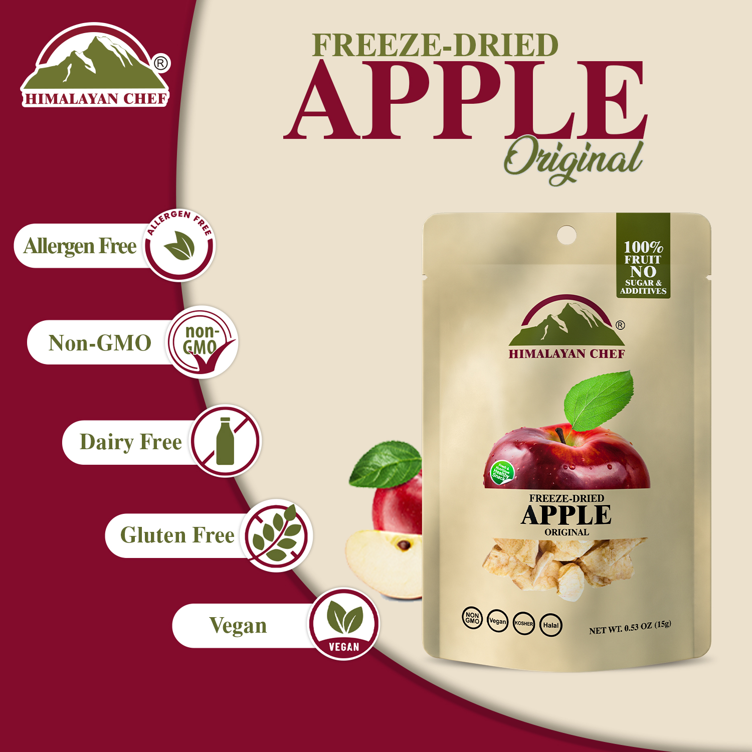 Himalayan Chef Freeze-Dried Apple 15g/Each (Pack of 10) | Organic Dried Fruit Snacks, Healthy Snack for Kids & Adults | Baby Snacks, Freeze-Dried Fruit