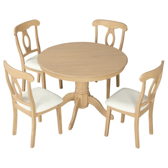 Angel Line Lindsey 5-Piece Traditional Wood Pedestal Round Table Dining Set, Natural/White