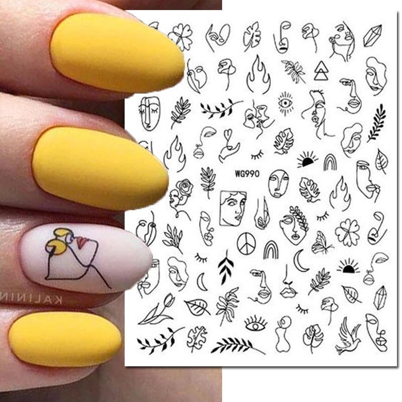 3d Nail Art Stickers Geometric Lines Faces Love Hearts Letters Leaves Stars Adhesive Sliders Nail Decals Decoration For Manicure