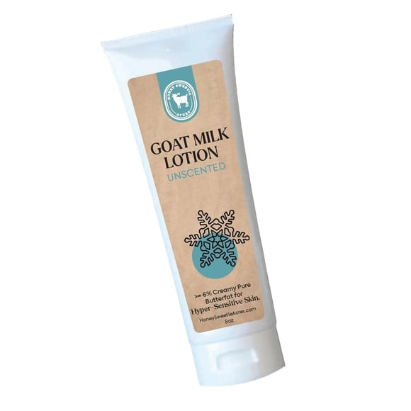 La loción corporal de leche de cabra natural Honey Sweetie Acres Fresh Off The Goat es una loción hecha a mano sin crueldad animal que hidrata e hidrata, fabricada en los EE. UU. (8 oz sin perfume)