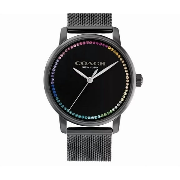 Coach Grand Black Dial Rainbow Crystals Black Mesh Band Watch 14504070