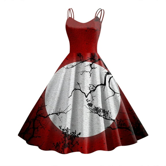 Women Vintage Halloween Print Sleeveless 1950s Evening Swing Party Prom Dress