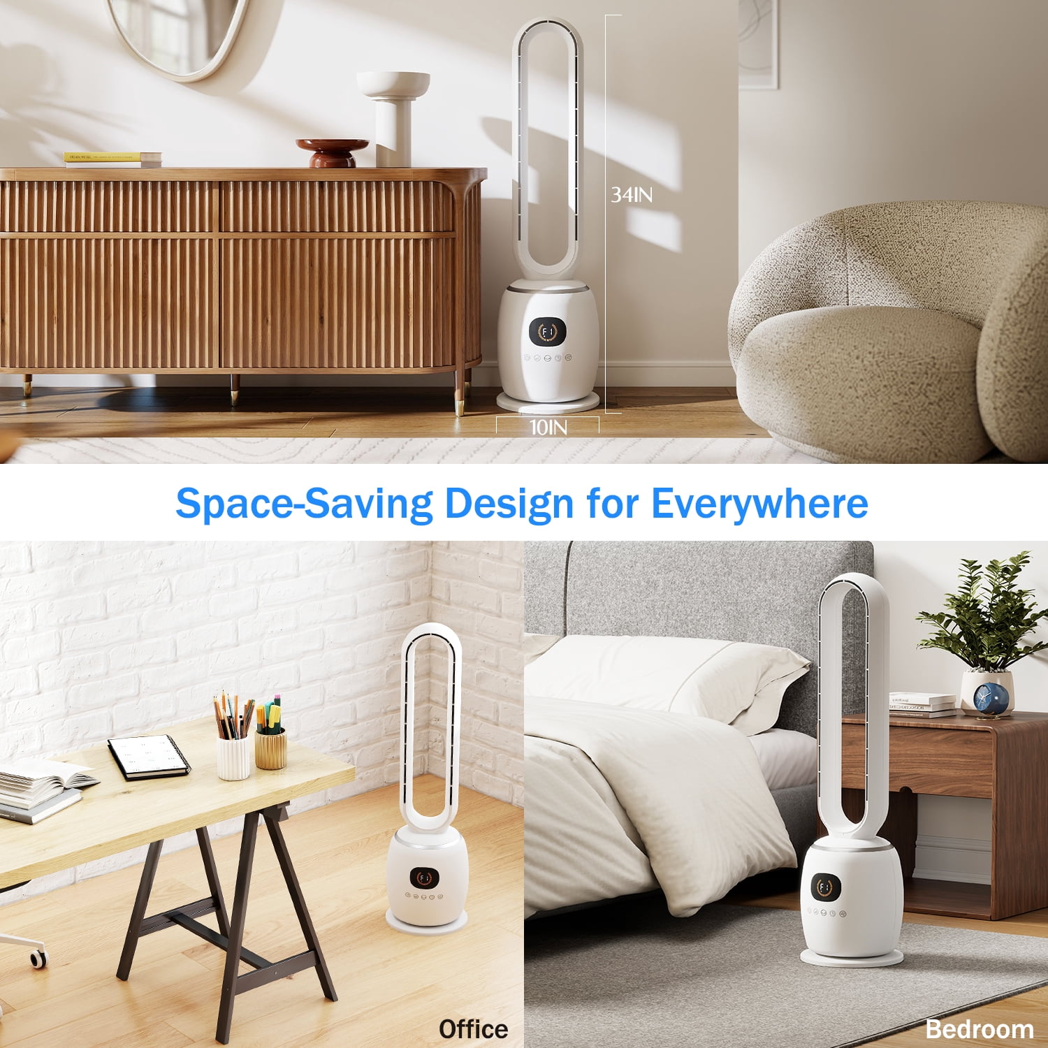 34in Bladeless Tower Fan with 60°Oscillating, 3 Speeds & 3 Modes Standing Floor Fan Equipped Remote Control, 12H Timer for Indoor Room Use