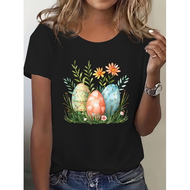 Vintage Easter Egg & Floral Print T-Shirt - Casual Gray Crew Neck Short Sleeve Top, Soft , Women's Fashion, Ladies T-Shirts