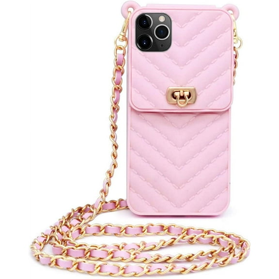 for iPhone 11 Pro Wallet Case with Neck Strap Crossbody Strap Lanyard Handbag Wrist Strap Protective Cover Credit Card Holder Slot Purse for Girls Women Silicone Case for iPhone 11 Pro Pink