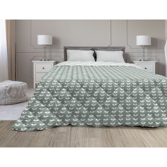 Spring Down Alternative Comforter, Old Fashion Flowers with Rococo Influences Essence Lace Pattern Print, Microfiber Quilt for All Season, 5 Sizes, Pale Sage Green White, by Ambesonne