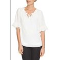 thumbnail image 1 of CeCe by Cynthia Steffe Women’s Ruffle Trim Tie Neck Blouse – Cream, Size Medium, 1 of 3