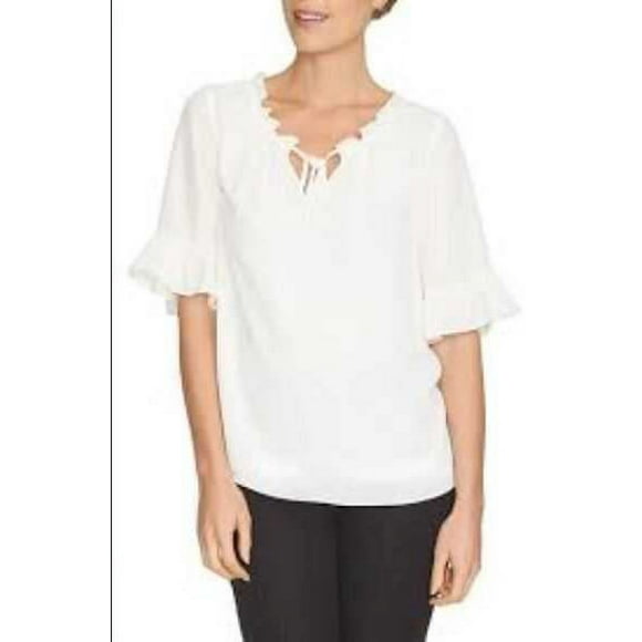 CeCe by Cynthia Steffe Women’s Ruffle Trim Tie Neck Blouse – Cream, Size Medium