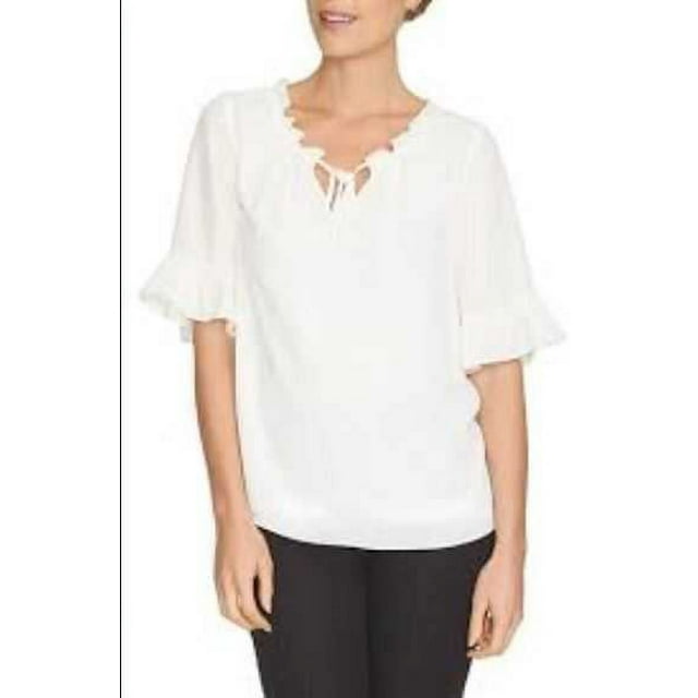 CeCe by Cynthia Steffe Women’s Ruffle Trim Tie Neck Blouse – Cream, Size Medium