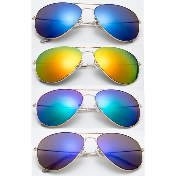 Newbee Fashion-4 Pack Classic Aviator Sunglasses Flash Full Mirror lenses Slim Frame Super Light Weight for Men Women Clear Tip UV Protection