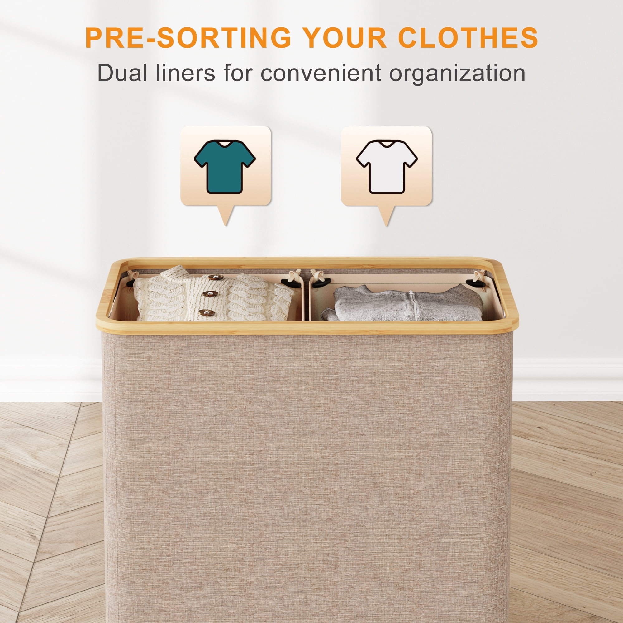 BGTREND 148L Double Laundry Basket with Lid, Clothes Hampers for Laundry with Bamboo Handles and Removable Liner Bags, Collapsible Laundry Sorter Dirty Clothes Hamper (Beige)