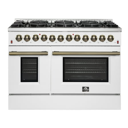 Galiano 48-inch Dual Fuel Range White  Antique Brass Design with 8 Sealed Burners 107,000 BTU, 6.58 cu. ft. double ovens  Griddle