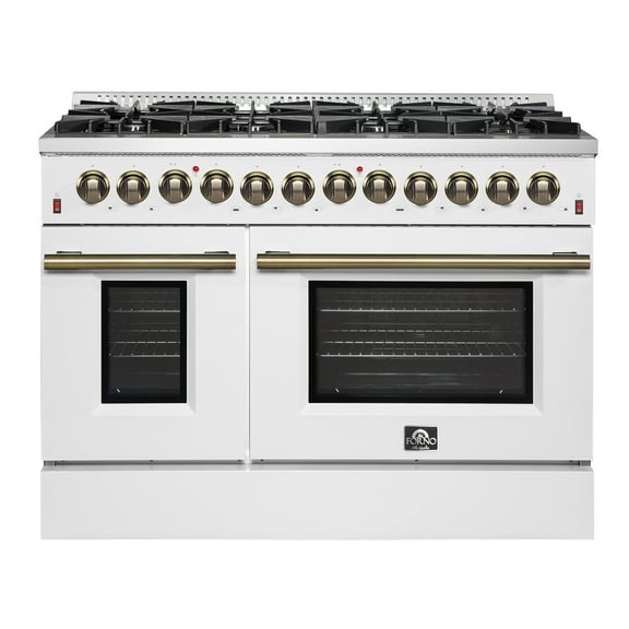 Galiano 48-inch Dual Fuel Range White Antique Brass Design with 8 Sealed Burners 107,000 BTU, 6.58 cu. ft. double ovens Griddle