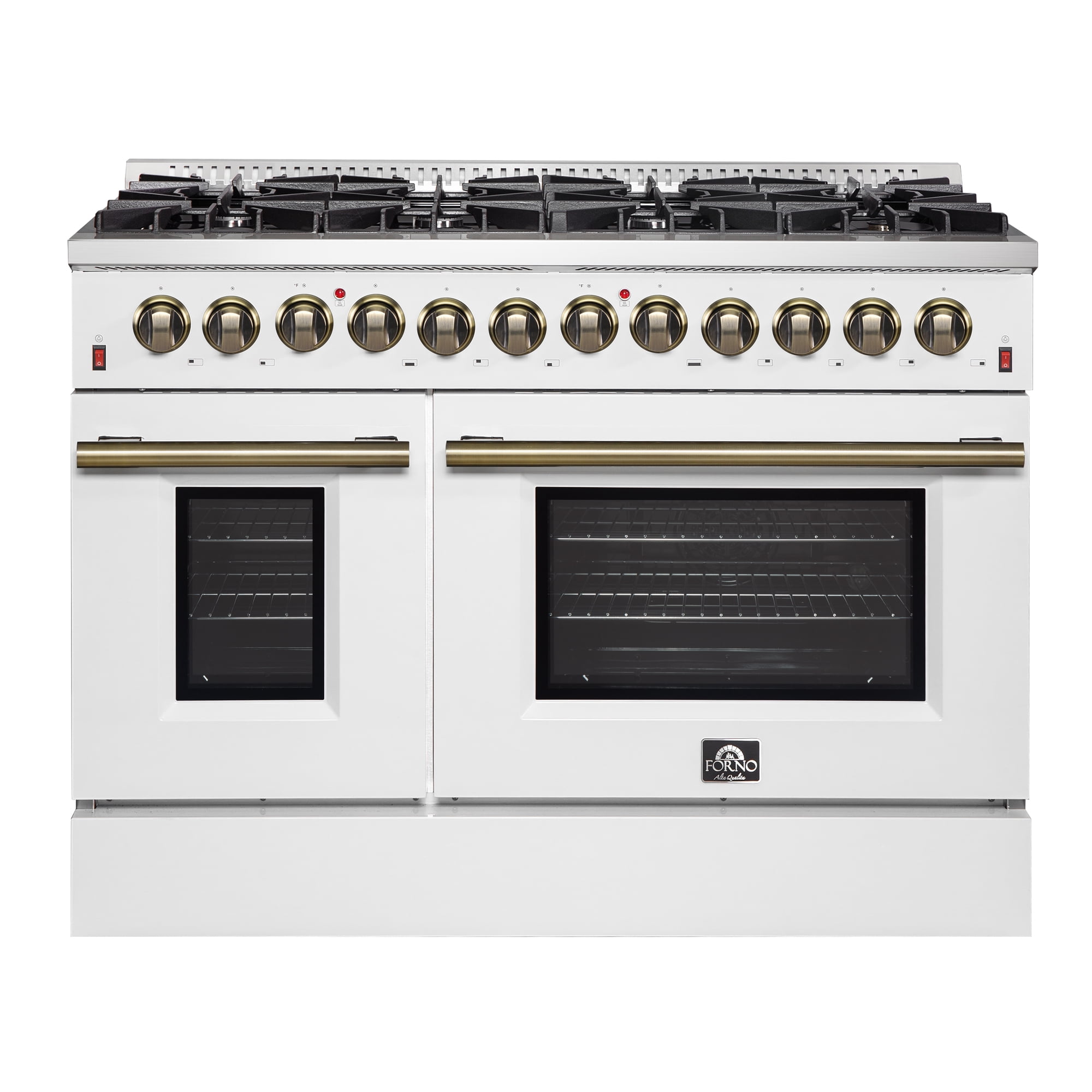 Galiano 48-inch Dual Fuel Range White Antique Brass Design with 8 Sealed Burners 107,000 BTU, 6.58 cu. ft. double ovens Griddle