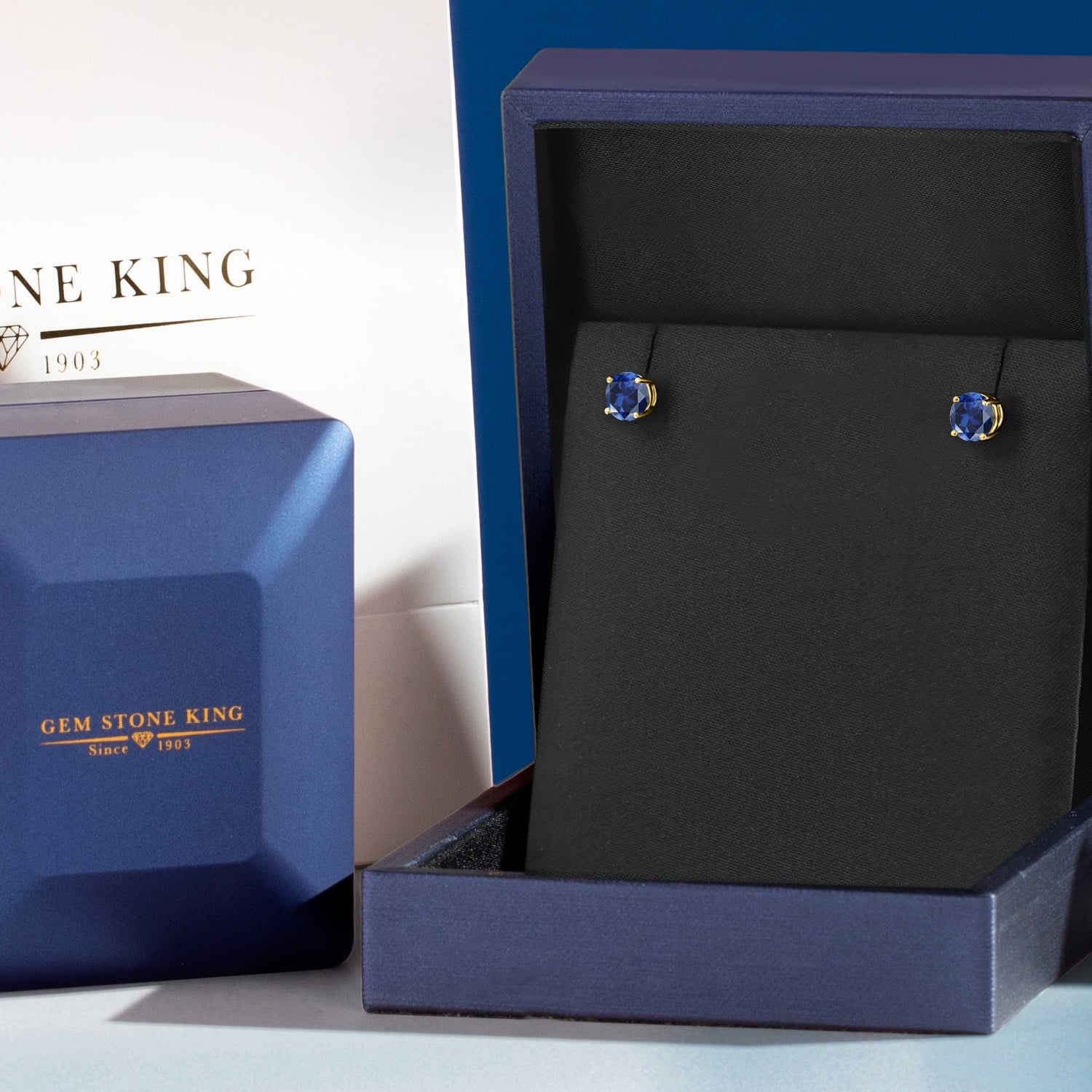 Gem Stone King 18K Yellow Gold Plated Silver Blue Created Sapphire Stud Earrings for Women | 0.50 Cttw | Gemstone September Birthstone | Round 4MM