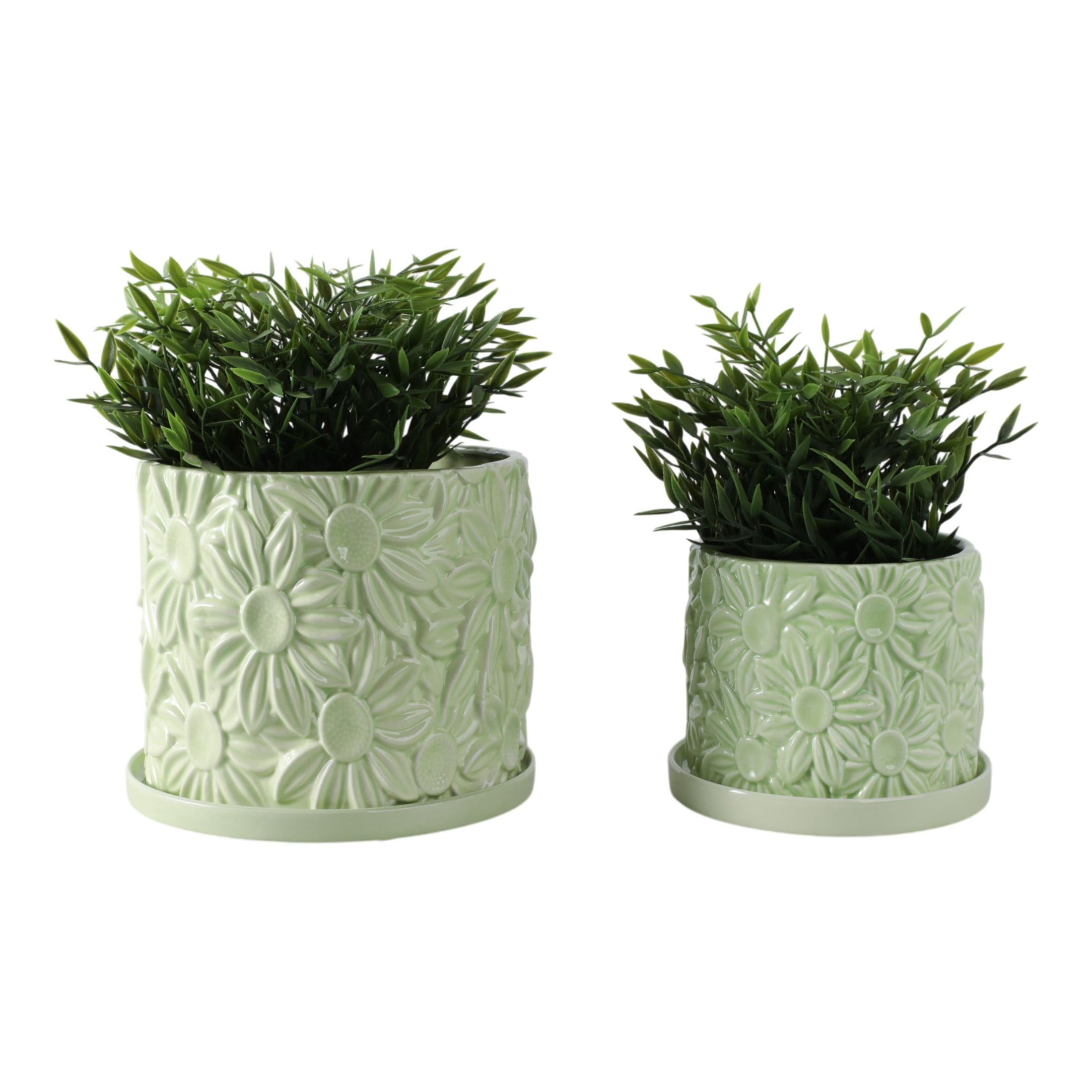 Decorative Daisy Flower Pot Planter for Home Decor - Stylish Indoor and Outdoor Pots for Plants - Chic Modern Plant Pots for Living Room, Patio, or Plant Stand Indoor - Set of 2, 7", 5", Green