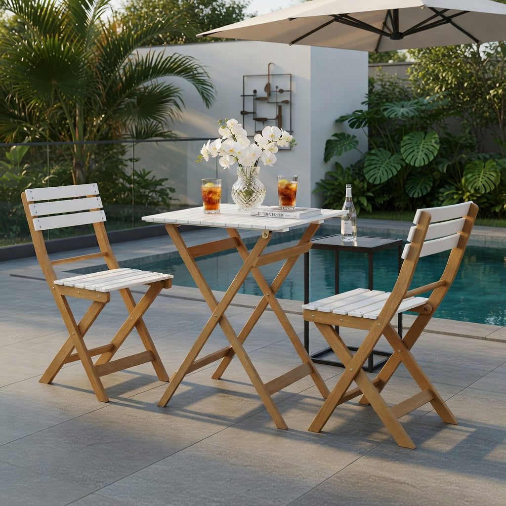 Hommoo 3-Piece Foldable Acacia Wood Patio Bistro Set, Outdoor Chairs + Square Table, Space-Saving Design for Porch, Deck & Garden, Natural