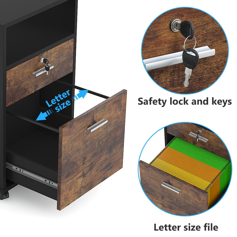 Tribesigns 2 Drawer Mobile File Cabinet with Lock, Wood Rustic Filing Cabinet for Letter Size, Printer Stand with Rolling Wheels and Open Storage Shelf for Home Office (Brown)