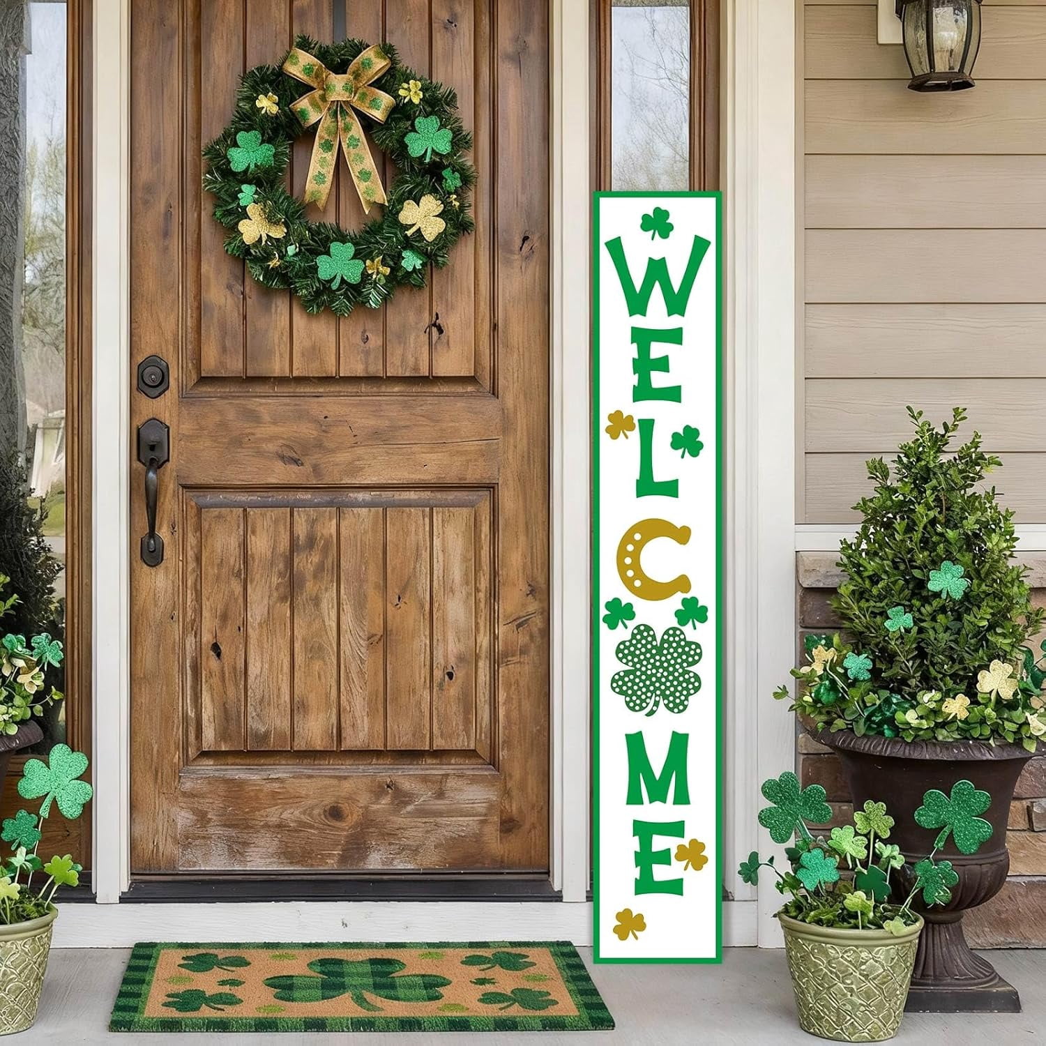 St Patricks Day Porch Sign, 47"H Wooden Saint Patrick's Tall Leaner Vertical Welcome Sign for Front Door Standing Decor, Irish March Outdoor Yard Decorations for Home