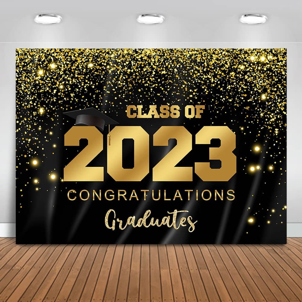 2023 Graduation Party Backdrop Class of 2023 Black Gold Glitter