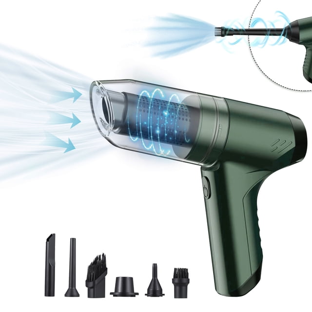 aspiradora de mano inalámbrica 19000pa potente succión y soplado 3 en 1 soplador de aire y bomba manual aspiradora 120w alta potencia limpiador portátil sin escobillas en seco y húmedo aspiradora de m versión verde, vista 3/4 frontal con boquilla transparente y depósito translúcido de 0.4 L que revela el filtro ciclón; cuerpo verde con empuñadura ergonómica, ilustración de flujo de aire indicando succión 17000–19000Pa y motor sin escobillas 95,000 r/min; siete boquillas y accesorios alineados, cable USB y filtro sobre fondo blanco. Adecuada para uso en hogar y coche; también suele utilizarse como bomba manual para inflar o desinflar bolsas de almacenamiento.