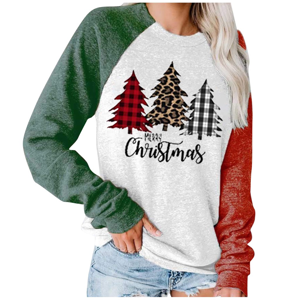 2021 Womens Chirstmas Print Sweatshirt Lightweight Loose Casual Long Sleeve Crew Neck Pullover Tops Blouse