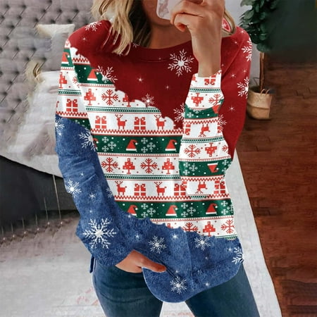 Black Friday Deals Women's Long Sleeve Christmas Crewneck Sweatshirts Casual Loose Pullover Tops Cute Santa Print Blouse | Walmart Canada