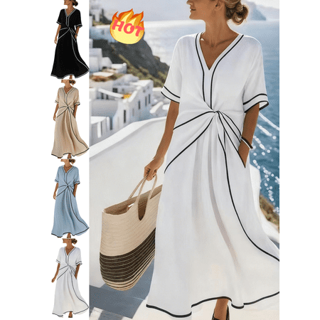 Mifsaly Linen Dress Women Short Sleeve Vacation Beach Wrap Dresses Lightweight Flowy Dressy Casual Maxi Spring Summer Clothing S