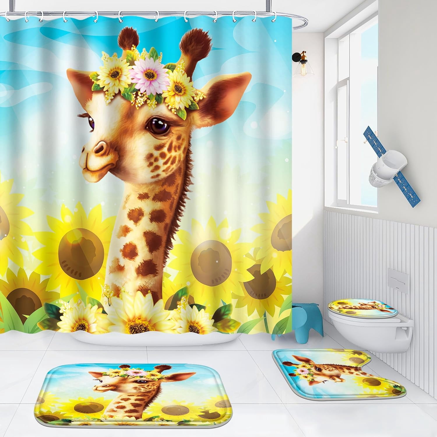 4 Pcs Bathroom Shower Curtain Set,Kid's Bathroom Set,Baby Octopus Shower Curtain Sets with Rugs(Bath Mat,U Shape and Toilet Lid Cover Mat) and 12 Hooks