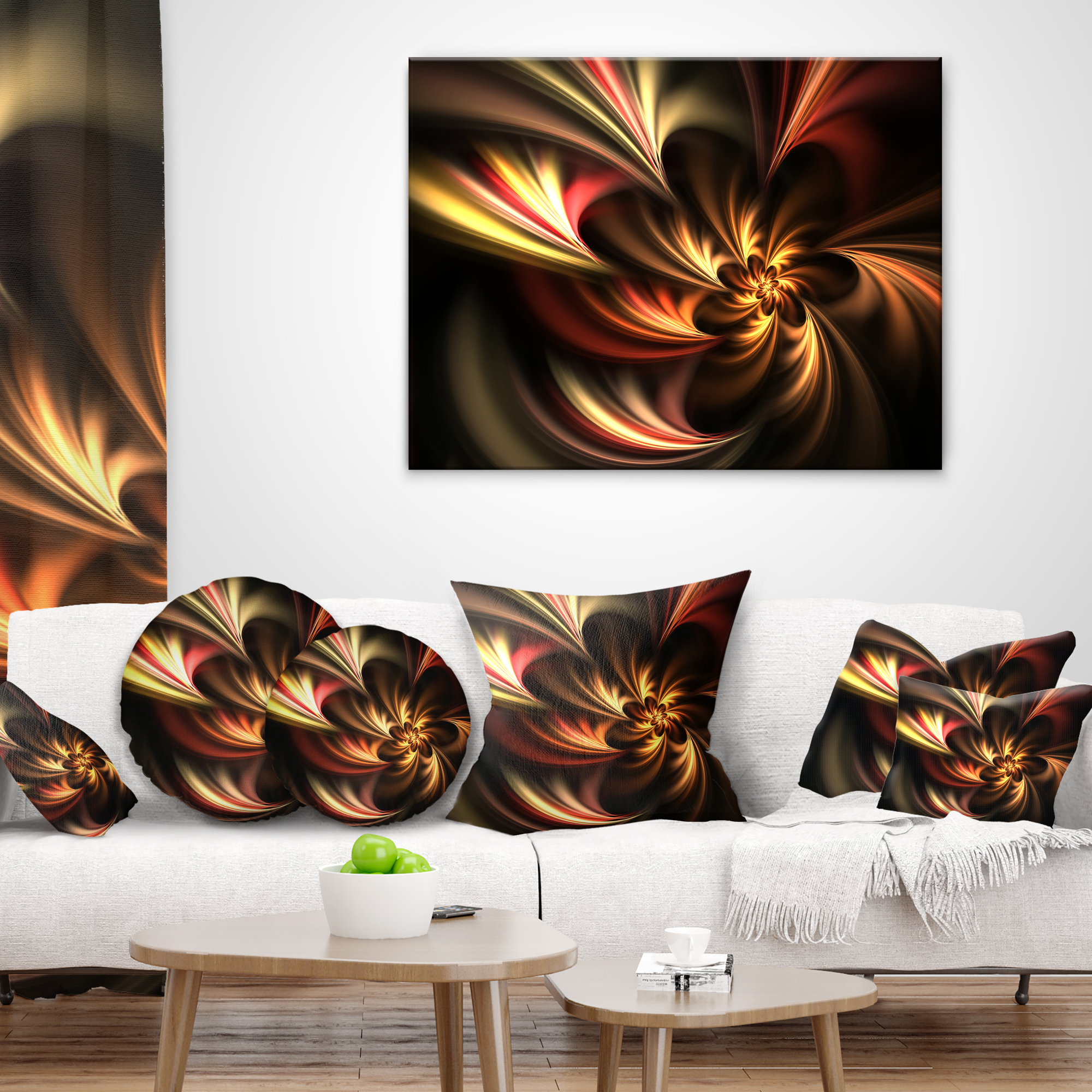 Designart Glossy Yellow and Red Fractal Flower - Floral Throw Pillow - 16x16