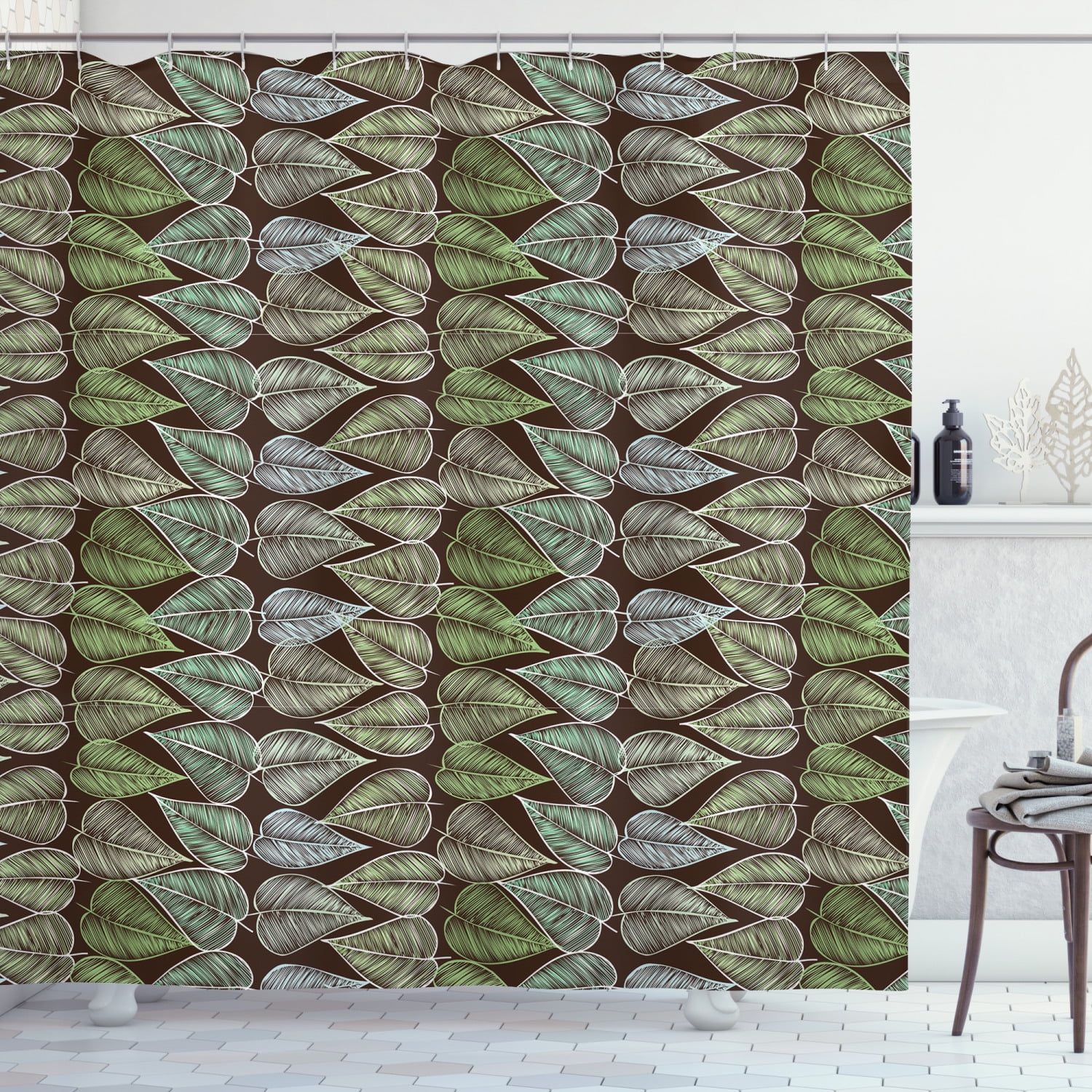 Green and Brown Shower Curtain, Hand Drawn Foliage Pattern with Leaves