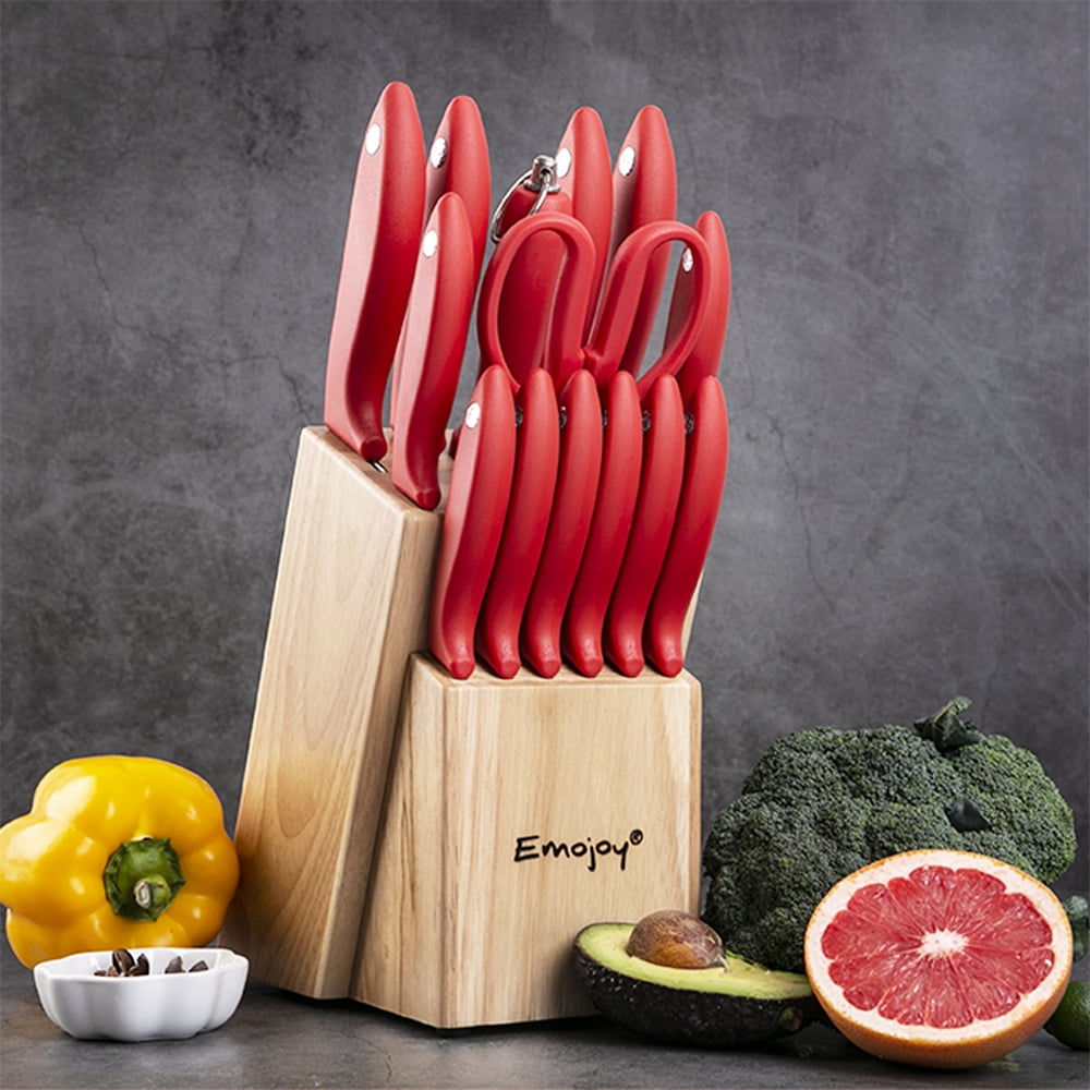 EMOJOY Knife Set 15-Piece Kitchen Knife Set with Sharpener Wooden Block  kc-ks01