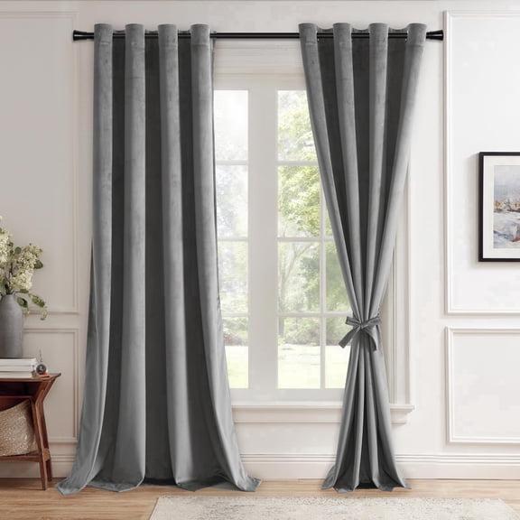 JIUZHEN Grey Velvet Curtains 96 inches for Living Room - Thermal Insulated Room Darkening Grommet Thick Velvet Window Drapes for Bedroom/Dining, Set of 2 with Tiebacks, W52 x L96