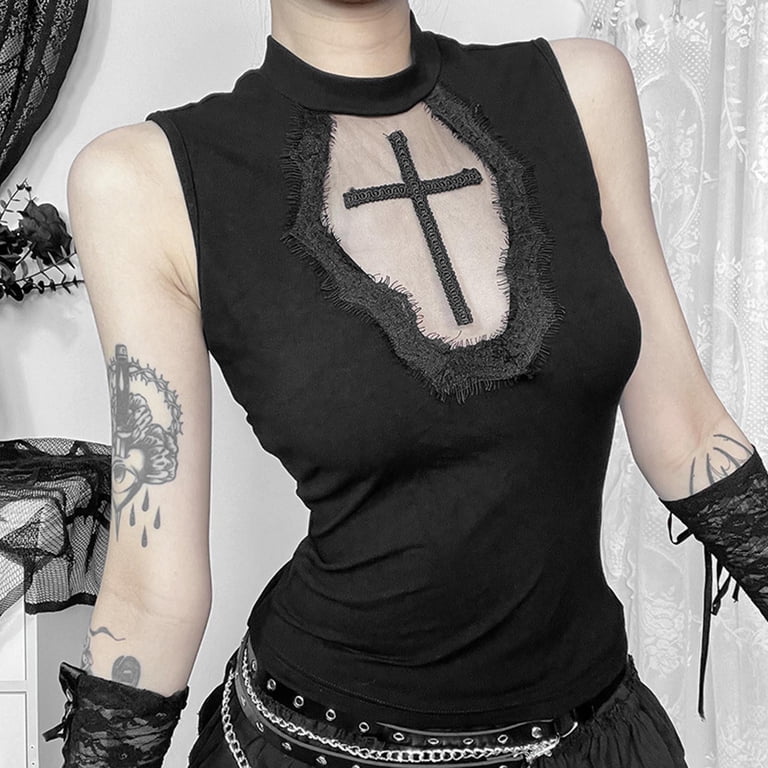 トップス cvtvlist CTLS LOT OF CROSSES TANKTOP '24 Y2K Goth Black Cross Sleeveless Basic Tank Tops Sexy Vintage Lace