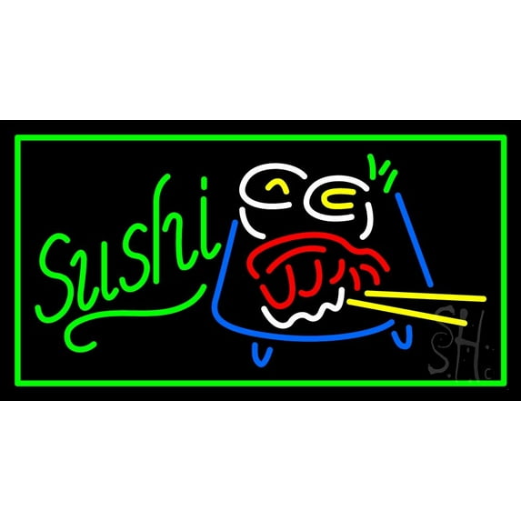 Green Sushi With Logo LED Neon Sign 20 x 37 - inches, Black Square Cut Acrylic Backing, with Dimmer - Bright and Premium built indoor LED Neon Sign for restaurant window and interior decor.