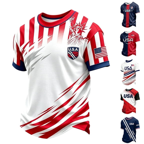 Soccer Cup 2026 Jersey USA Soccer for Men with 3D Lightning Stripes and Statue of Liberty Print Featuring Breathable Fabric for Game Day Parties Beach Outings Dark Blue L