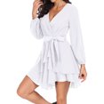 thumbnail image 5 of Aiyino Women's Dress Deep V-Neck Long Sleeve Waist Tie Ruffle Mini Swing Skater Dresses,White, 5 of 7