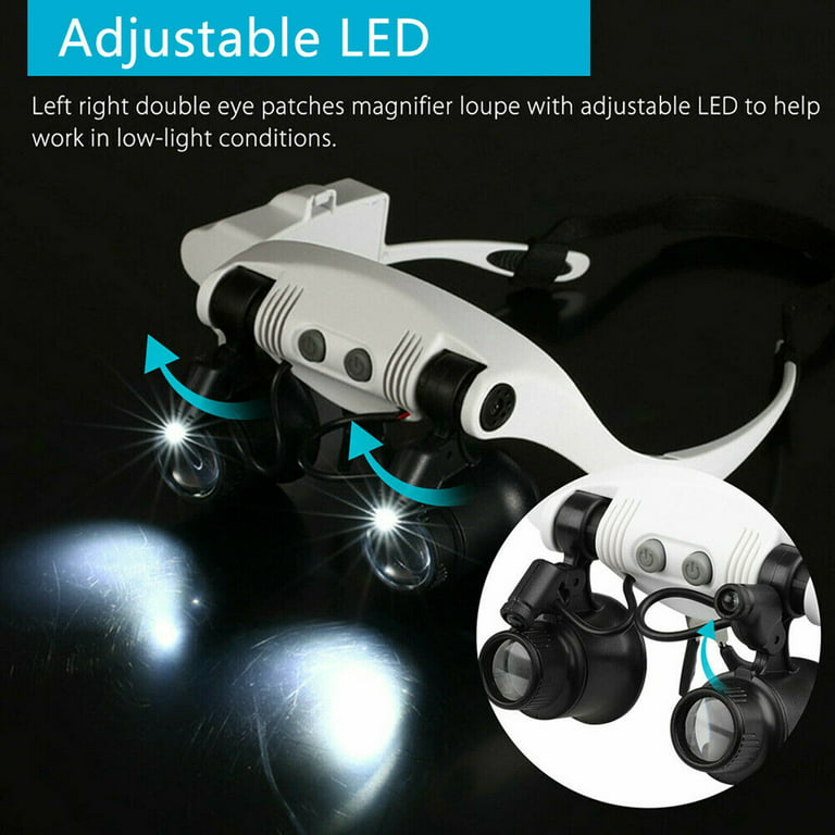 Headband Magnifier Glasses With Light, Handsfree Led Illuminated Head Mount Magnifying  Glass With 3 Detachable Lenses Double Slot For Watch Electronic